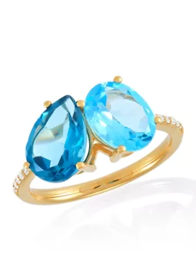 Diamond Accent and Swiss Blue Topaz and London Blue Topaz Ring in 14K Yellow Gold