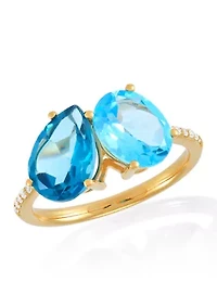 Diamond Accent and Swiss Blue Topaz and London Blue Topaz Ring in 14K Yellow Gold