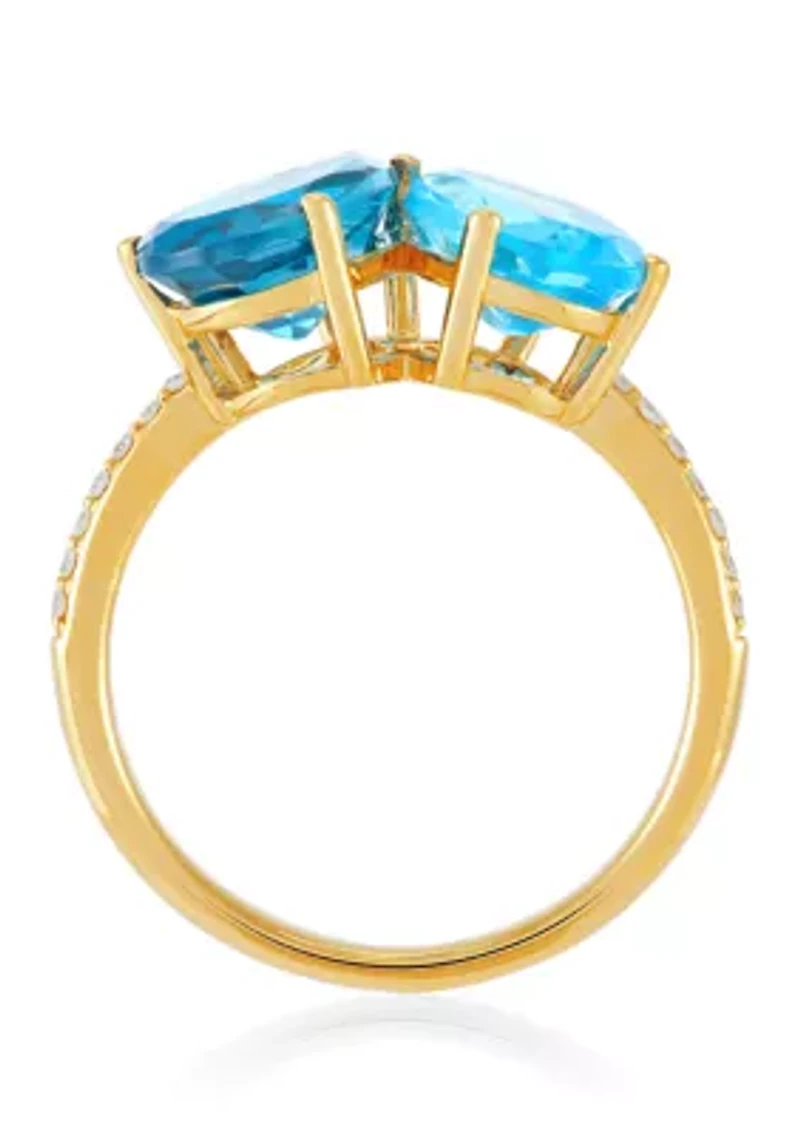 Diamond Accent and Swiss Blue Topaz and London Blue Topaz Ring in 14K Yellow Gold