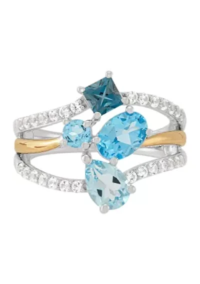 Multi Row Blue Topaz and Lab-Grown White Sapphire Ring in Silver and 10K Yellow Gold
