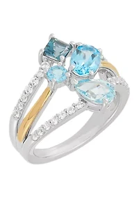 Multi Row Blue Topaz and Lab-Grown White Sapphire Ring in Silver and 10K Yellow Gold