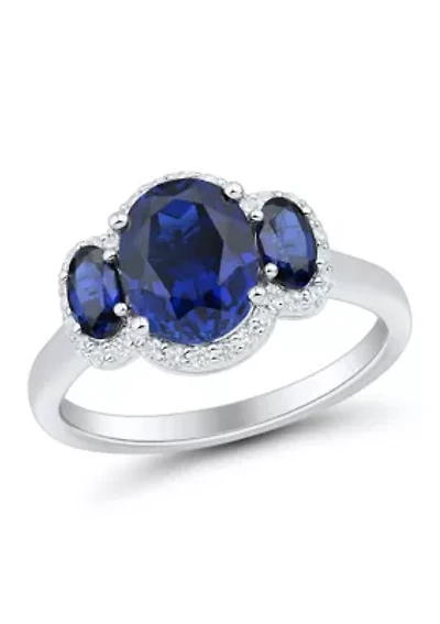 Lab Grown 3 Stones Sapphire and 1/5 ct. t.w. Lab Grown Diamond Ring in Sterling Silver