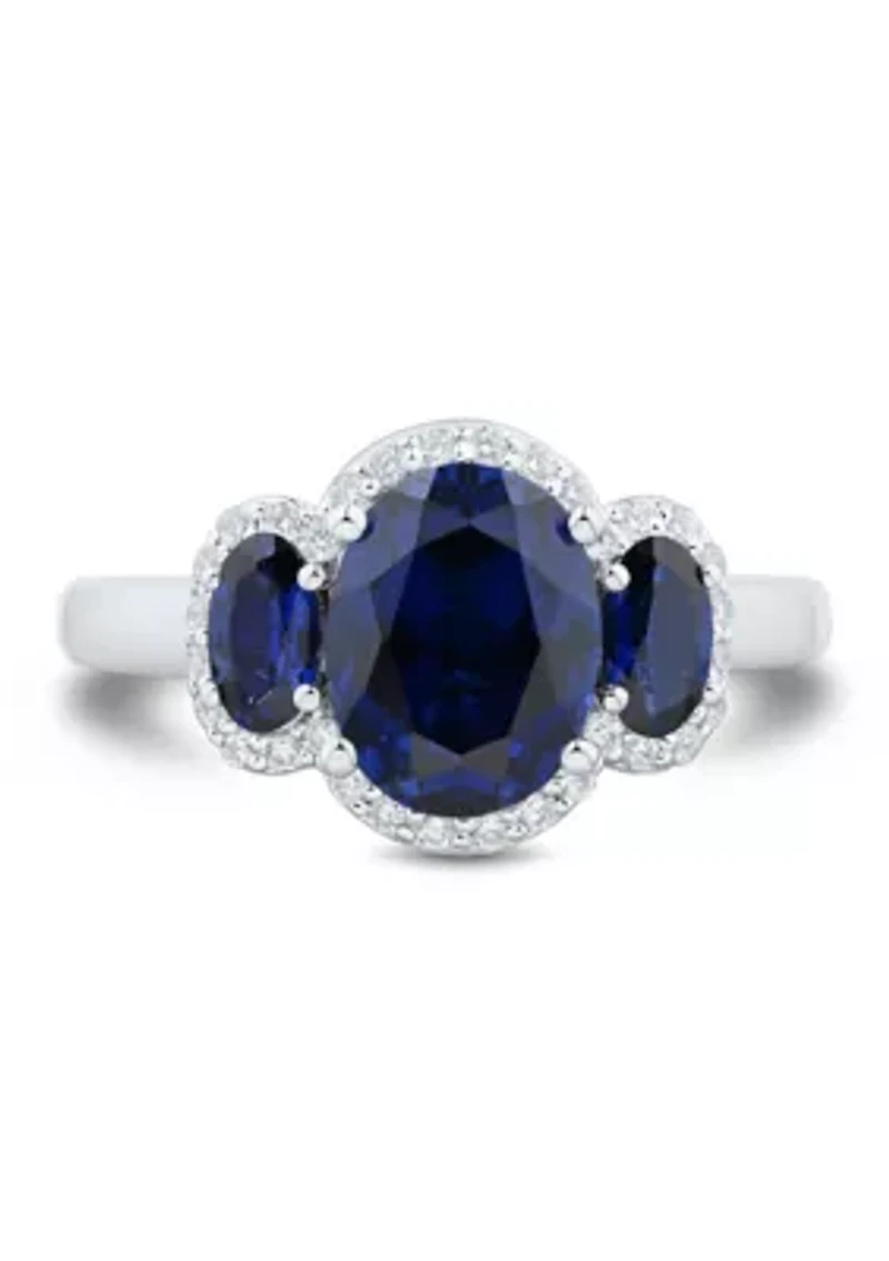 Lab Grown 3 Stones Sapphire and 1/5 ct. t.w. Lab Grown Diamond Ring in Sterling Silver