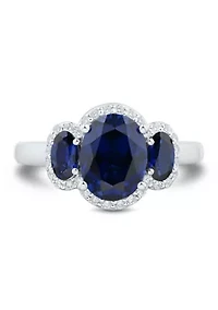 Lab Grown 3 Stones Sapphire and 1/5 ct. t.w. Lab Grown Diamond Ring in Sterling Silver