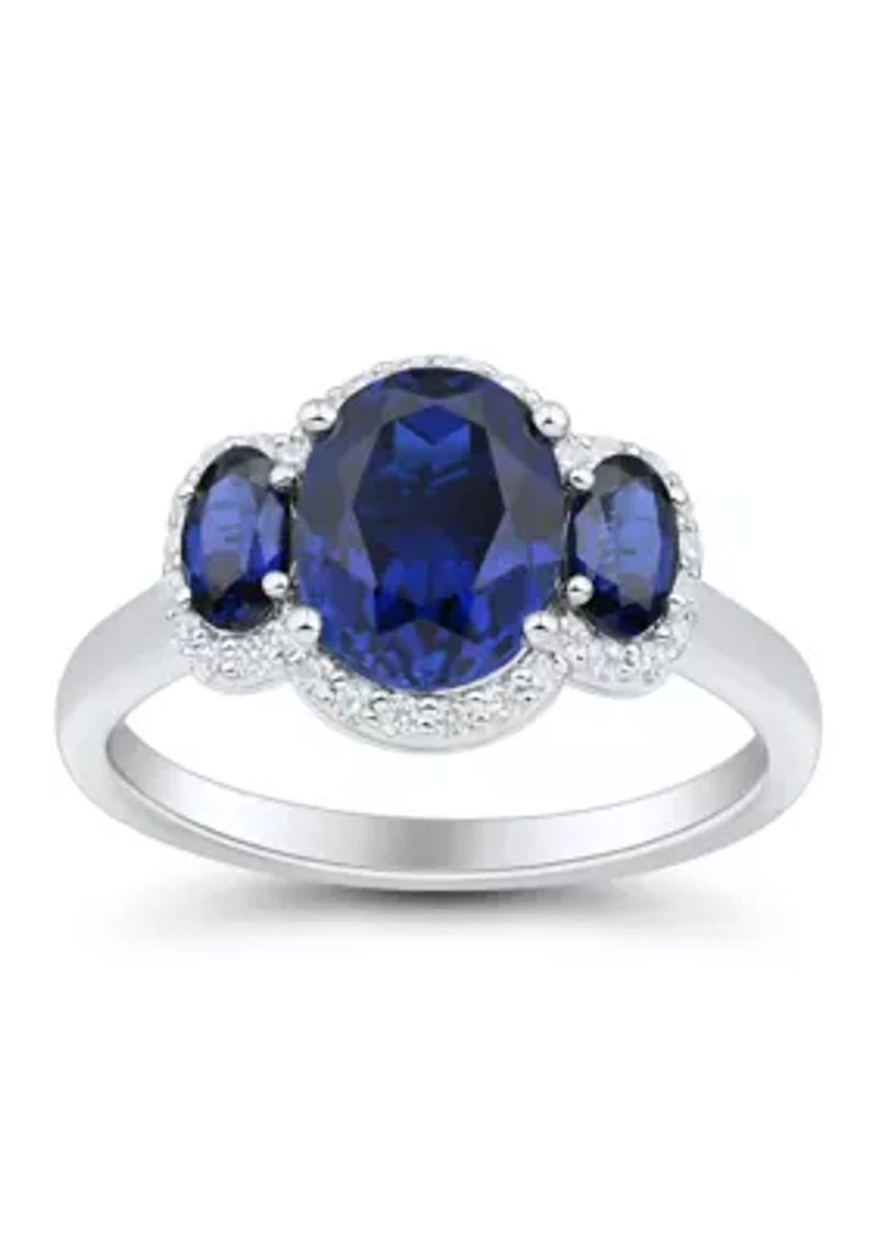 Lab Grown 3 Stones Sapphire and 1/5 ct. t.w. Lab Grown Diamond Ring in Sterling Silver