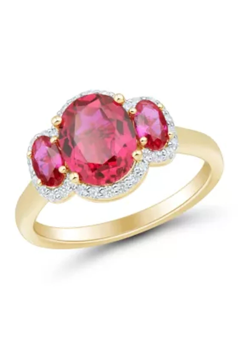 Lab Grown 3 Stones Ruby and 1/5 ct. t.w. Lab Grown Diamond Ring in Silver Gold Plated