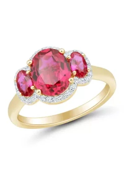 Lab Grown 3 Stones Ruby and 1/5 ct. t.w. Lab Grown Diamond Ring in Silver Gold Plated