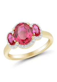 Lab Grown 3 Stones Ruby and 1/5 ct. t.w. Lab Grown Diamond Ring in Silver Gold Plated