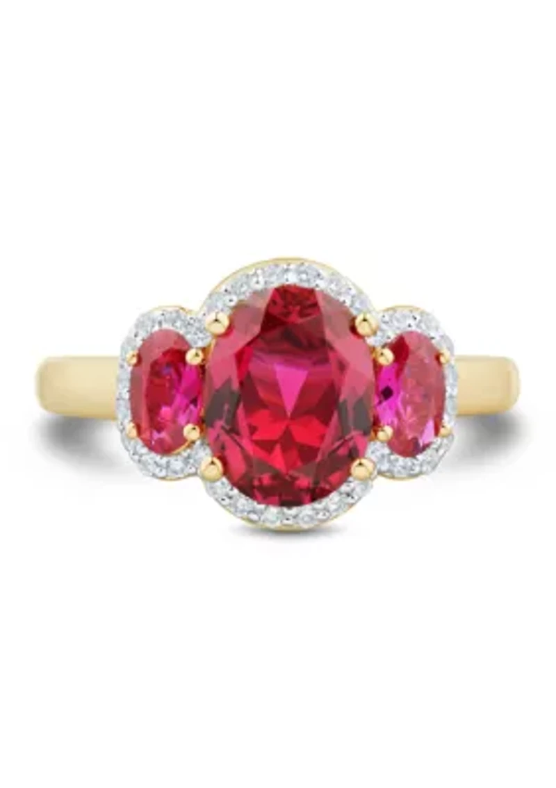 Lab Grown 3 Stones Ruby and 1/5 ct. t.w. Lab Grown Diamond Ring in Silver Gold Plated