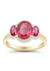 Lab Grown 3 Stones Ruby and 1/5 ct. t.w. Lab Grown Diamond Ring in Silver Gold Plated
