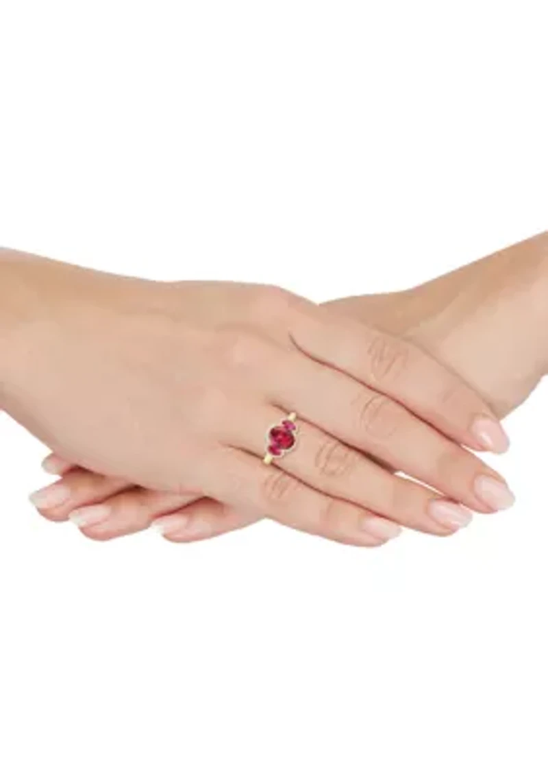 Lab Grown 3 Stones Ruby and 1/5 ct. t.w. Lab Grown Diamond Ring in Silver Gold Plated