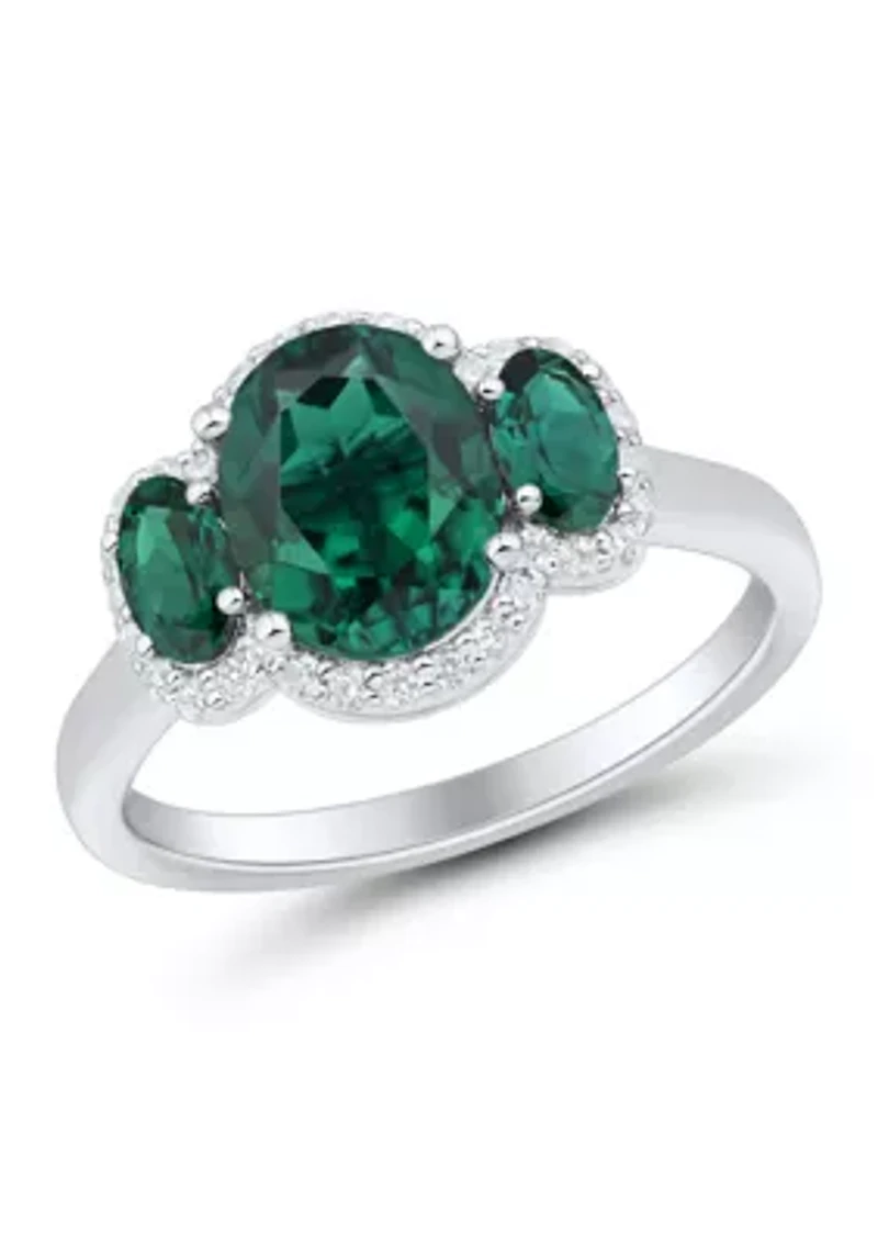 Lab Grown 3 Stones Emerald and 1/5 ct. t.w. Lab Grown Diamond Ring in Sterling Silver