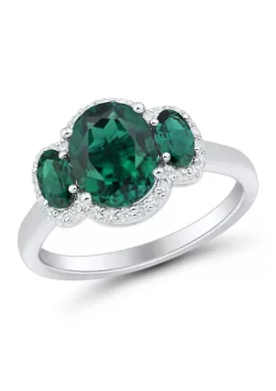 Lab Grown 3 Stones Emerald and 1/5 ct. t.w. Lab Grown Diamond Ring in Sterling Silver