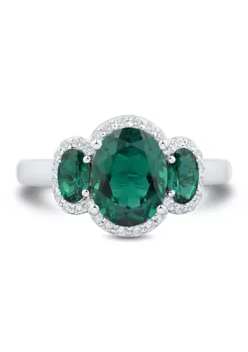 Lab Grown 3 Stones Emerald and 1/5 ct. t.w. Lab Grown Diamond Ring in Sterling Silver