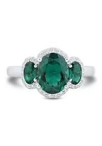 Lab Grown 3 Stones Emerald and 1/5 ct. t.w. Lab Grown Diamond Ring in Sterling Silver
