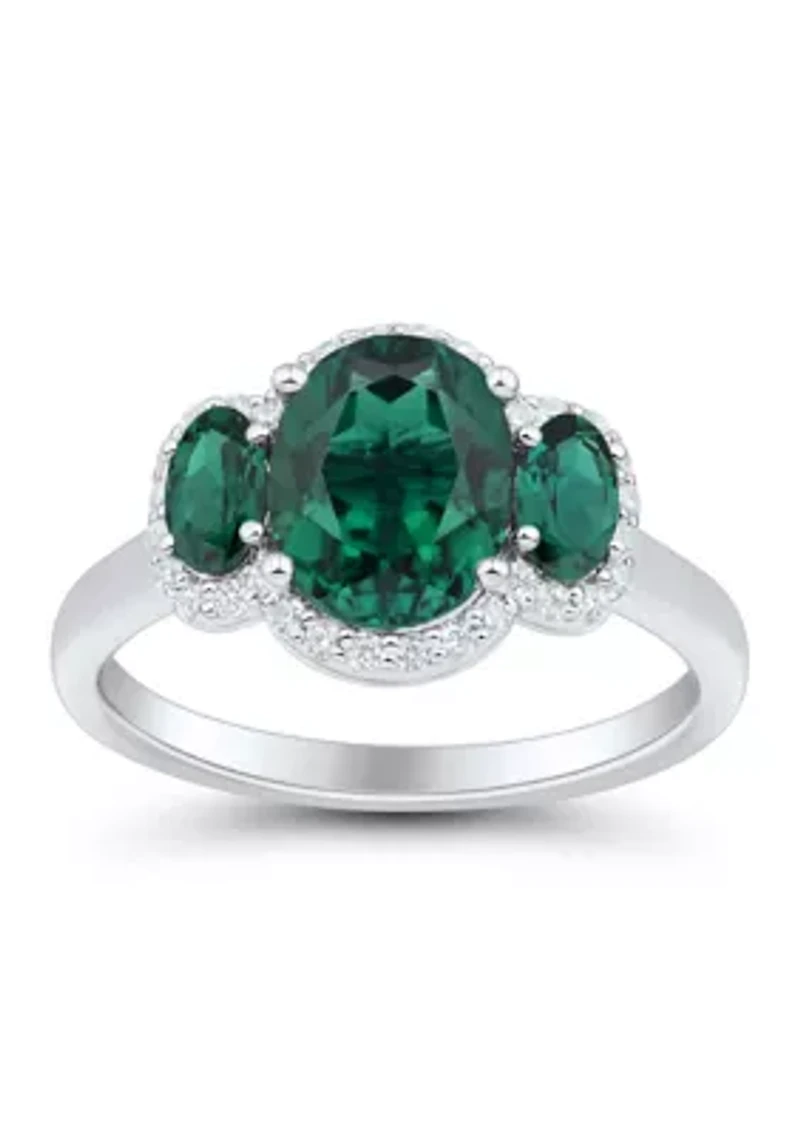 Lab Grown 3 Stones Emerald and 1/5 ct. t.w. Lab Grown Diamond Ring in Sterling Silver