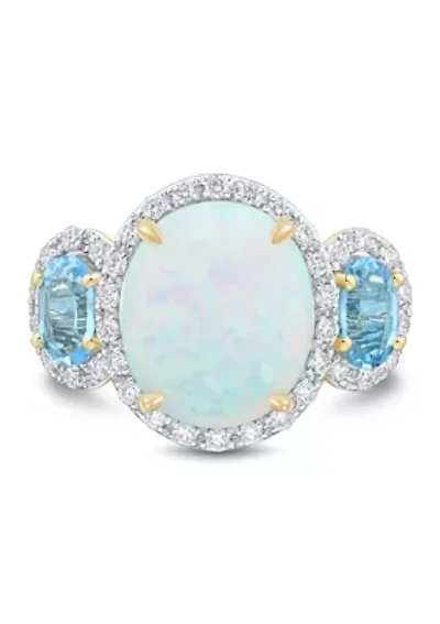 3/8 ct. t.w. Lab Grown Opal, Diamond, and Swiss Blue Topaz Ring in Gold Over Sterling Silver