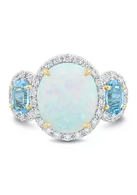 3/8 ct. t.w. Lab Grown Opal, Diamond, and Swiss Blue Topaz Ring in Gold Over Sterling Silver