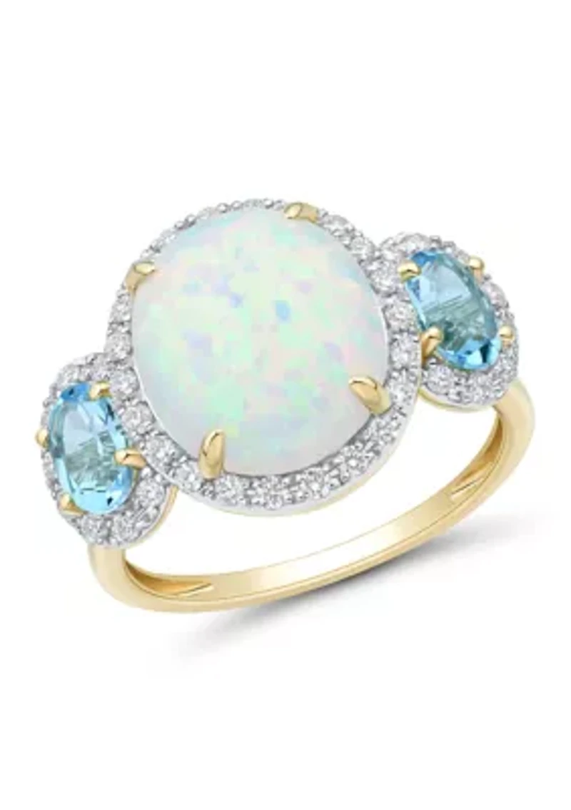 3/8 ct. t.w. Lab Grown Opal, Diamond, and Swiss Blue Topaz Ring in Gold Over Sterling Silver
