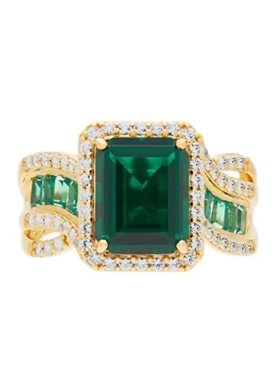 Lab Grown Emerald and Lab Grown White Sapphire Ring in Gold Over Silver
