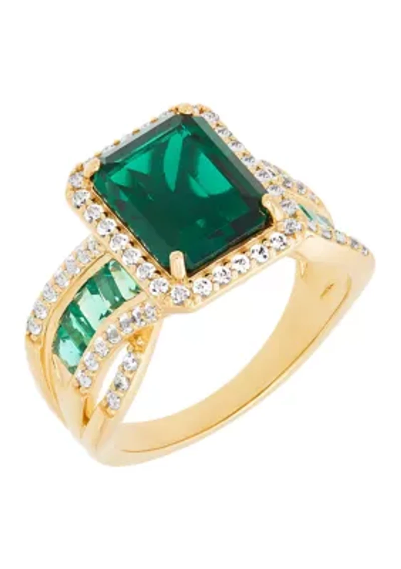 Lab Grown Emerald and Lab Grown White Sapphire Ring in Gold Over Silver
