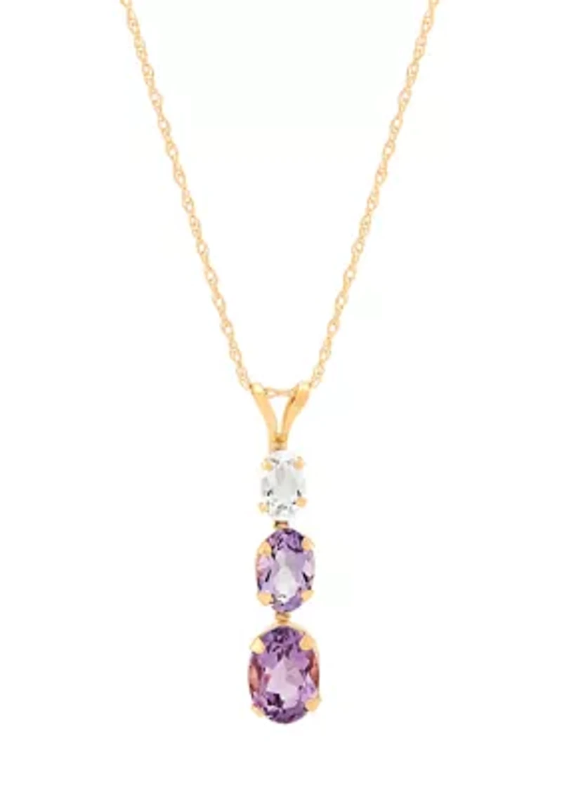 Amethyst, Pink Amethyst, and White Topaz Pendant with 18" Rope Chain Necklace in 10K Yellow Gold
