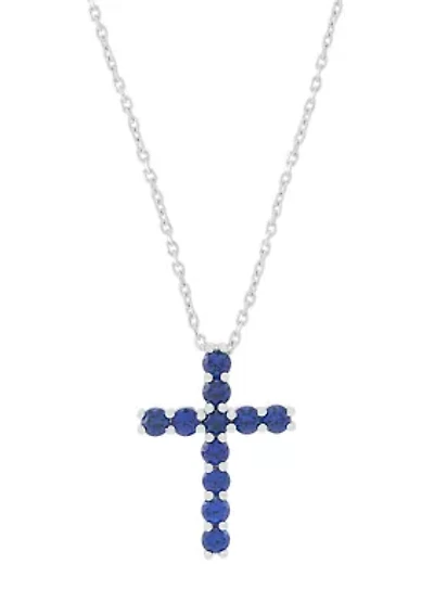 Lab Grown Sapphire Cross Pendant with 18" Cable Chain in Sterling Silver