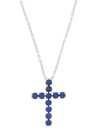 Lab Grown Sapphire Cross Pendant with 18" Cable Chain in Sterling Silver