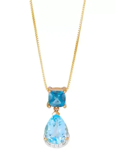 Lab Grown Blue Topaz and Lab Grown White Sapphire Pendant Necklace with 18" Box Chain in 10K Yellow Gold