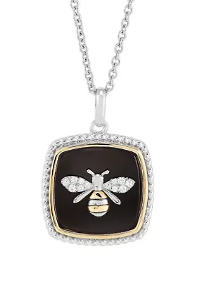 Onyx and White Sapphire Pendant with 18" Cable Chain in Sterling Silver and 10K Yellow Gold