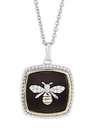 Onyx and White Sapphire Pendant with 18" Cable Chain in Sterling Silver and 10K Yellow Gold
