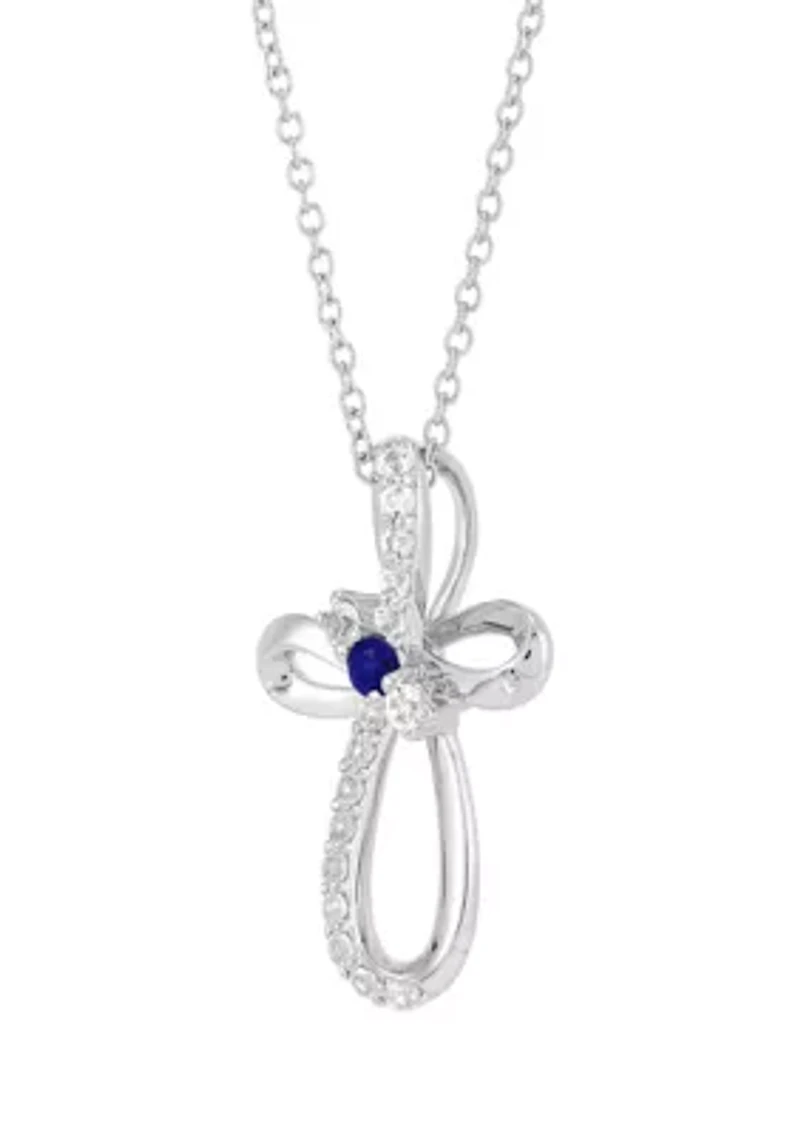 Created Sapphire and Created White Swirly Cross Sapphire Pendant Necklace with 18" Cable Chain in Sterling Silver