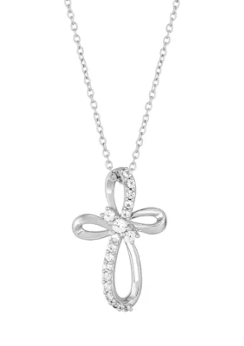 Lab Grown White Sapphire Cross Pendant with 18" Cable Chain in Sterling Silver