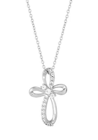 Lab Grown White Sapphire Cross Pendant with 18" Cable Chain in Sterling Silver