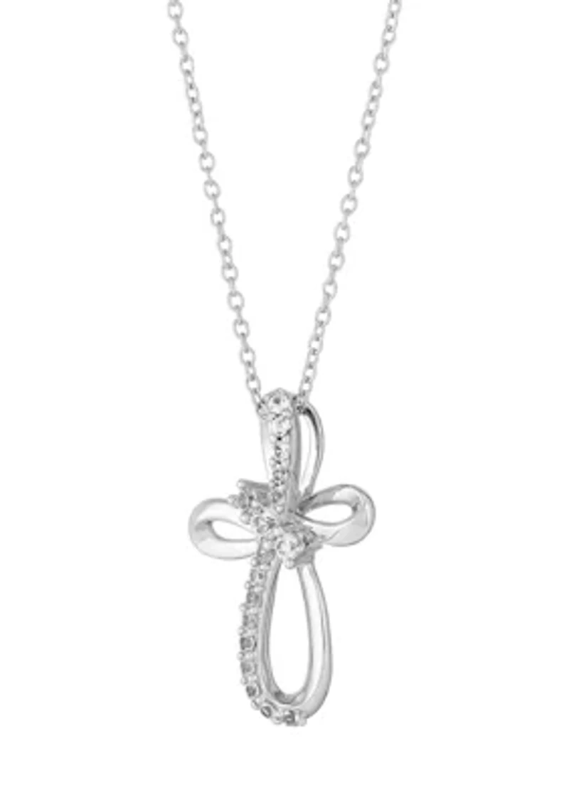 Lab Grown White Sapphire Cross Pendant with 18" Cable Chain in Sterling Silver