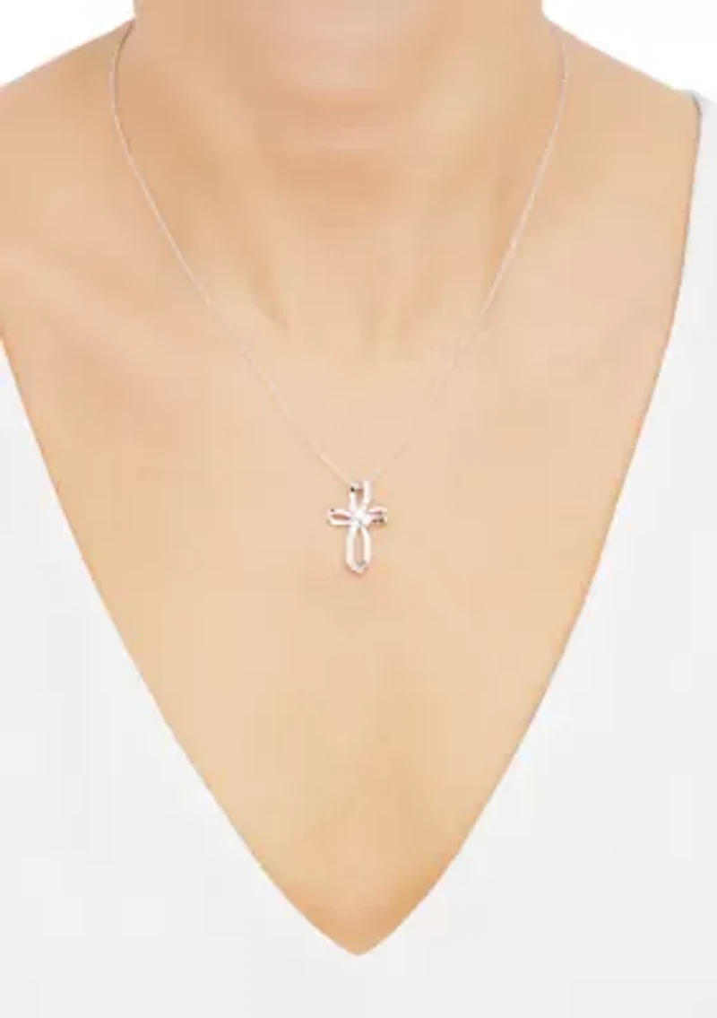 Lab Grown White Sapphire Cross Pendant with 18" Cable Chain in Sterling Silver