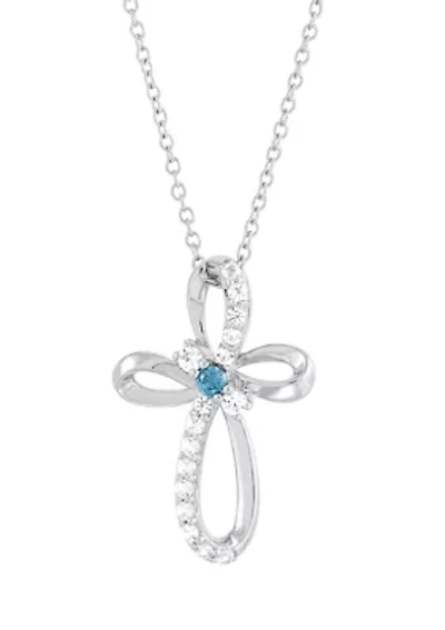 Aquamarine and Created White Sapphire Swirly Cross Pendant Necklace with 18" Cable Chain in Sterling Silver