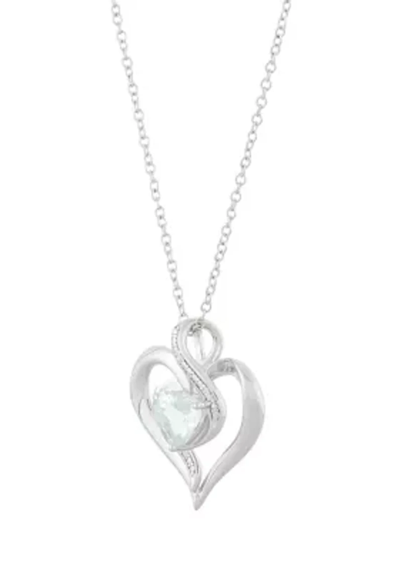 1/10 ct. t.w. Diamond and Aquamarine Heart Pendant Necklace with 18" Cable Chain in Sterling Silver