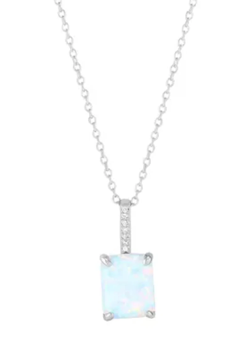 Lab Grown Emerald Cut Opal and Diamond Accent Pendant with 18" Cable Chain in Sterling Silver