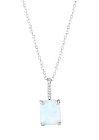 Lab Grown Emerald Cut Opal and Diamond Accent Pendant with 18" Cable Chain in Sterling Silver
