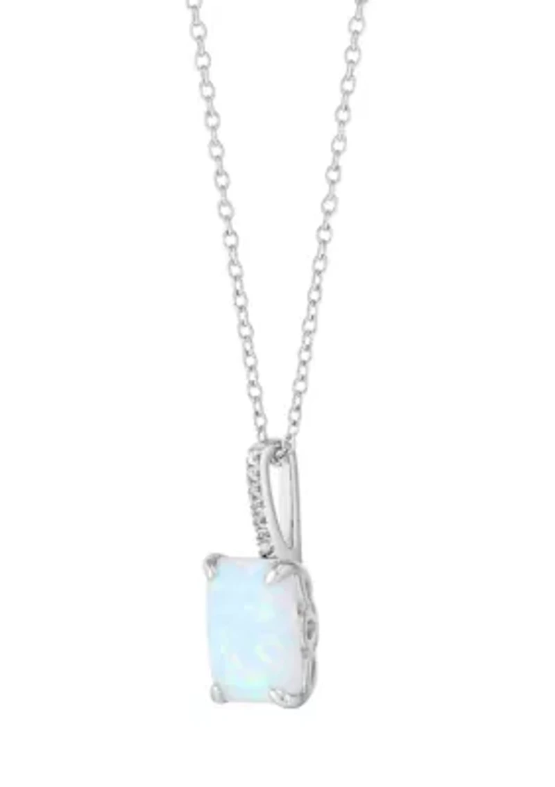 Lab Grown Emerald Cut Opal and Diamond Accent Pendant with 18" Cable Chain in Sterling Silver