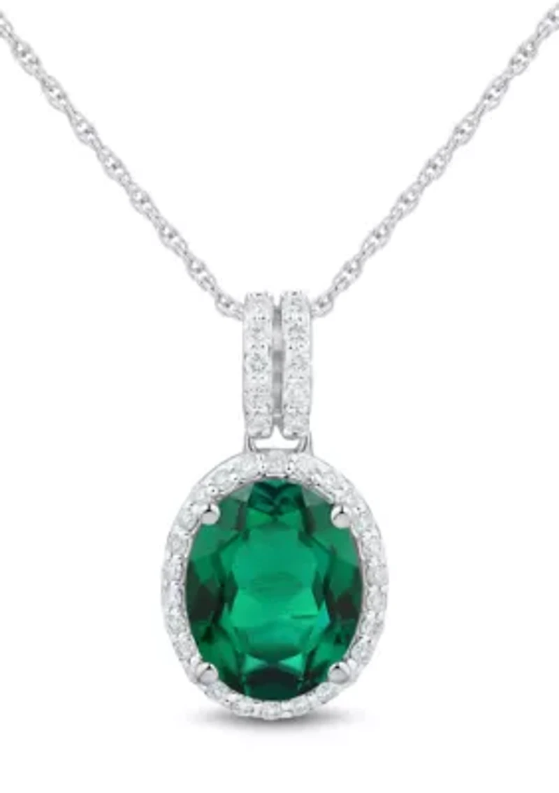 Lab Grown Emerald and 1/4 ct. t.w. Lab Grown Diamond Pendant with 18" Rope Chain in Sterling Silver