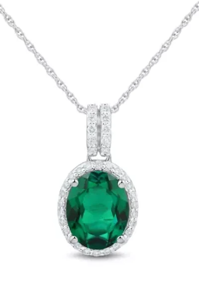 Lab Grown Emerald and 1/4 ct. t.w. Lab Grown Diamond Pendant with 18" Rope Chain in Sterling Silver