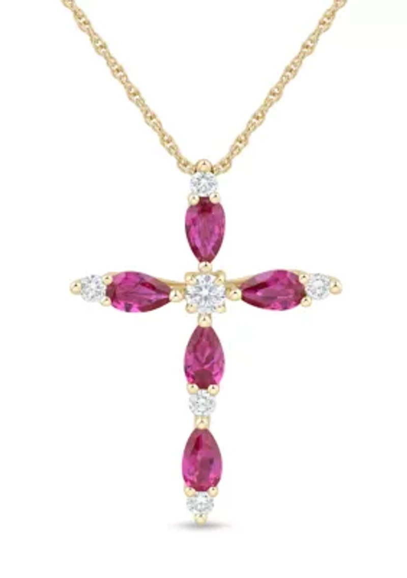 Lab Grown Ruby and 1/4 ct. t.w. Diamond Cross Pendant with 18" Rope Chain