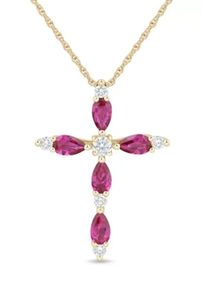 Lab Grown Ruby and 1/4 ct. t.w. Diamond Cross Pendant with 18" Rope Chain