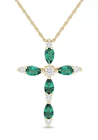 Lab Grown Emerald and 1/4 ct. t.w. Lab Grown Cross Pendant with 18" Rope Chain in 10K Yellow Gold