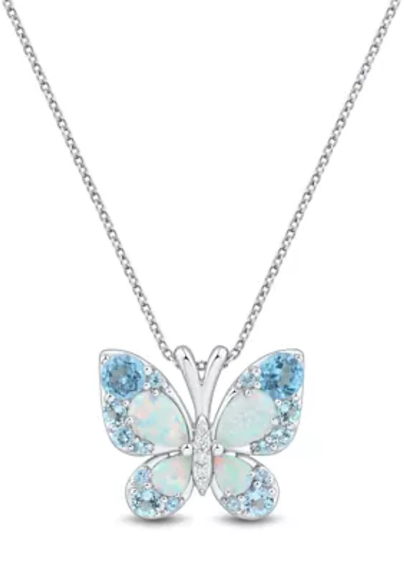 Lab Grown Diamond Accent and Swiss Blue Topaz and Lab Grown Opal Butterfly Pendant with 18" Rope Chain