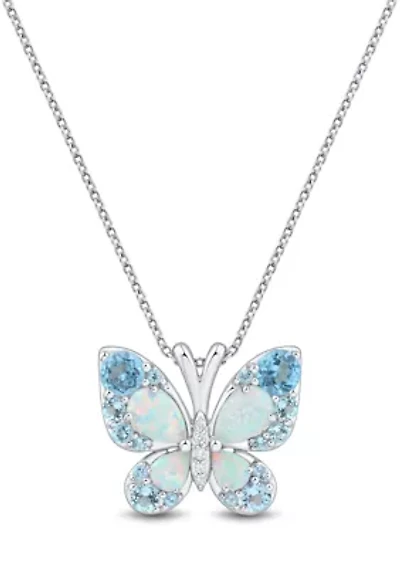 Lab Grown Diamond Accent and Swiss Blue Topaz and Lab Grown Opal Butterfly Pendant with 18" Rope Chain