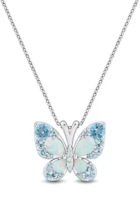 Lab Grown Diamond Accent and Swiss Blue Topaz and Lab Grown Opal Butterfly Pendant with 18" Rope Chain