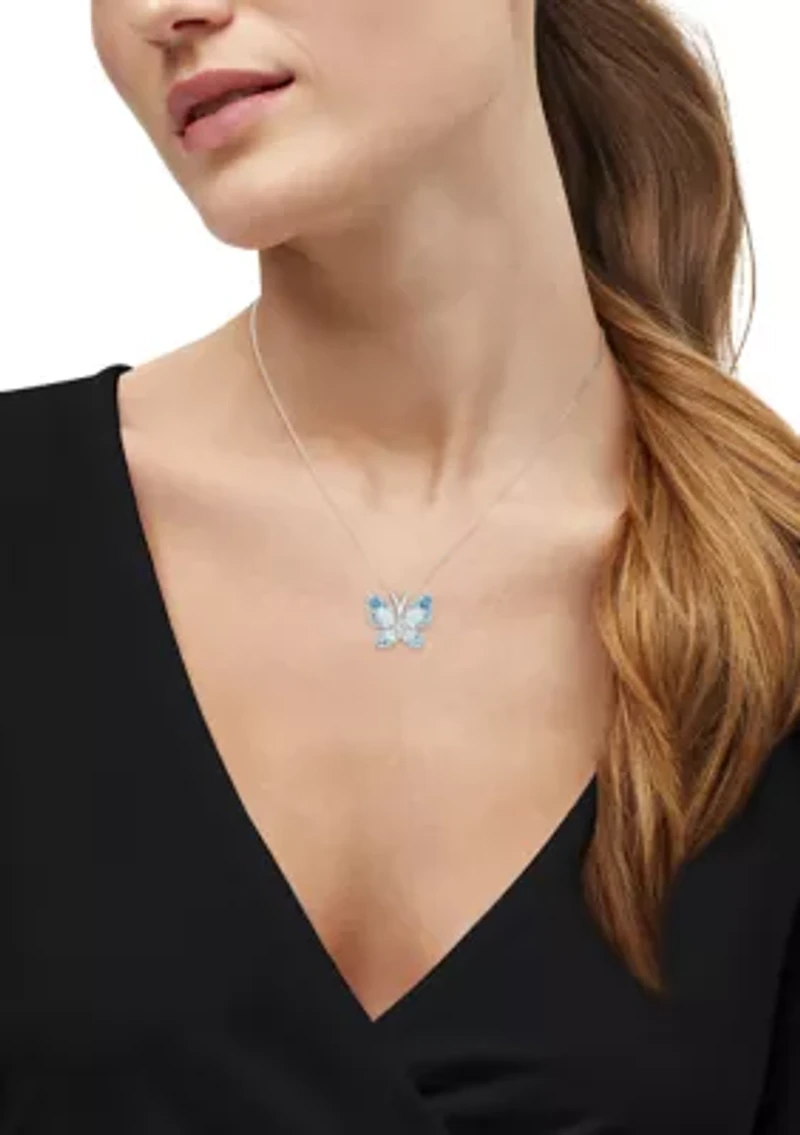 Lab Grown Diamond Accent and Swiss Blue Topaz and Lab Grown Opal Butterfly Pendant with 18" Rope Chain